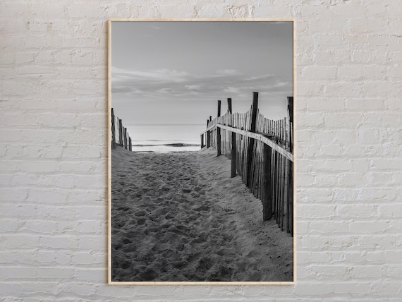 Black and White Long Beach Island Wooden Dune Fence Path Poster