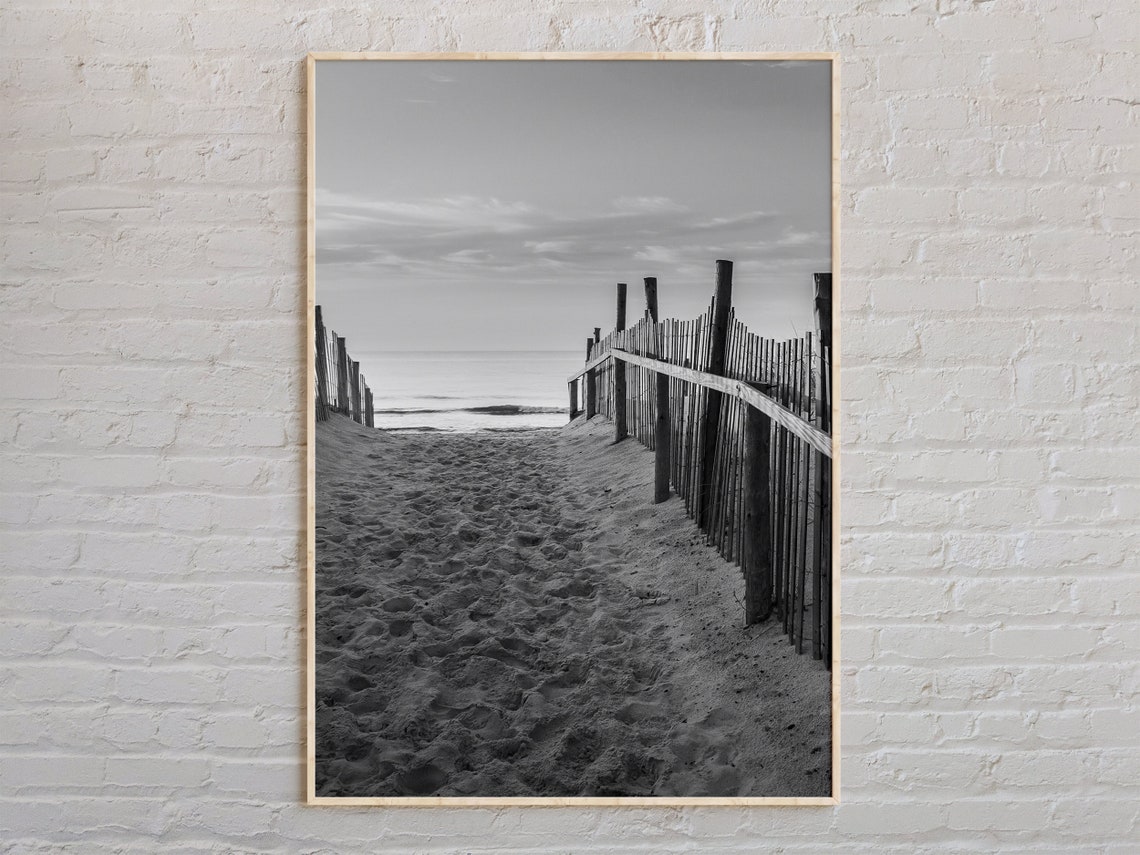 Black and White Long Beach Island Wooden Dune Fence Path Poster