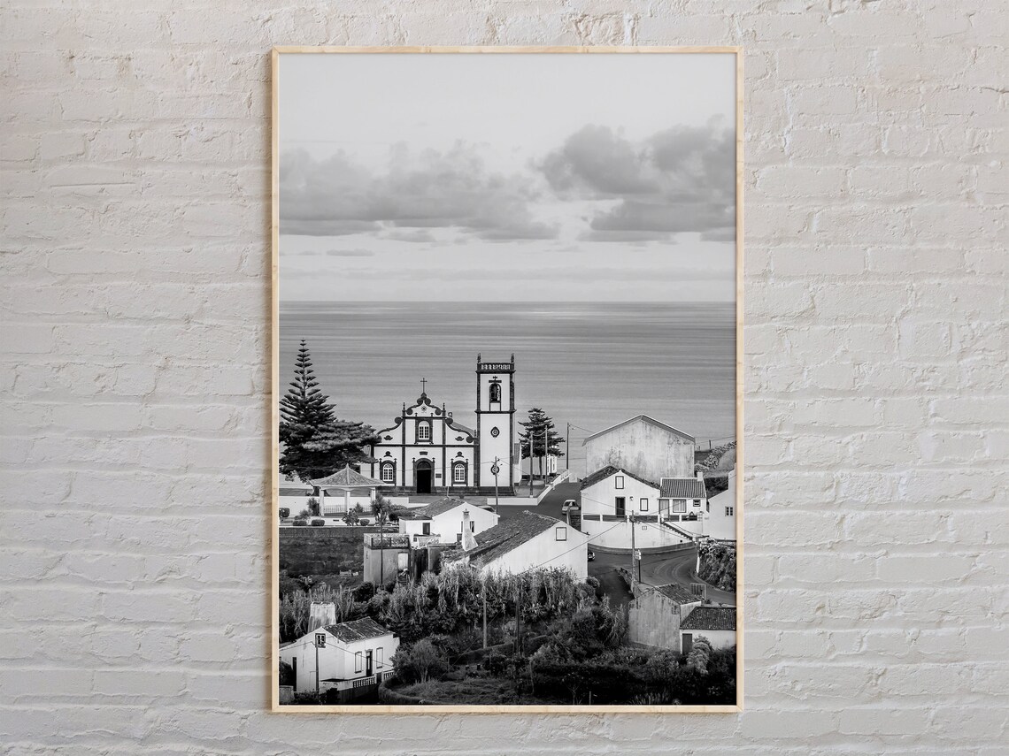 Azores Portugal Village Church By The Sea Black And White Photo Poster