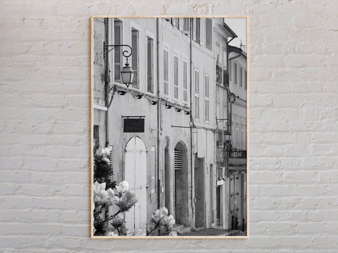 Black And White Old European Street Shuttered Houses Photo Print