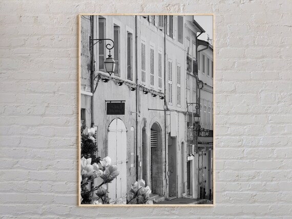 Black And White Old European Street Shuttered Houses Photo Print