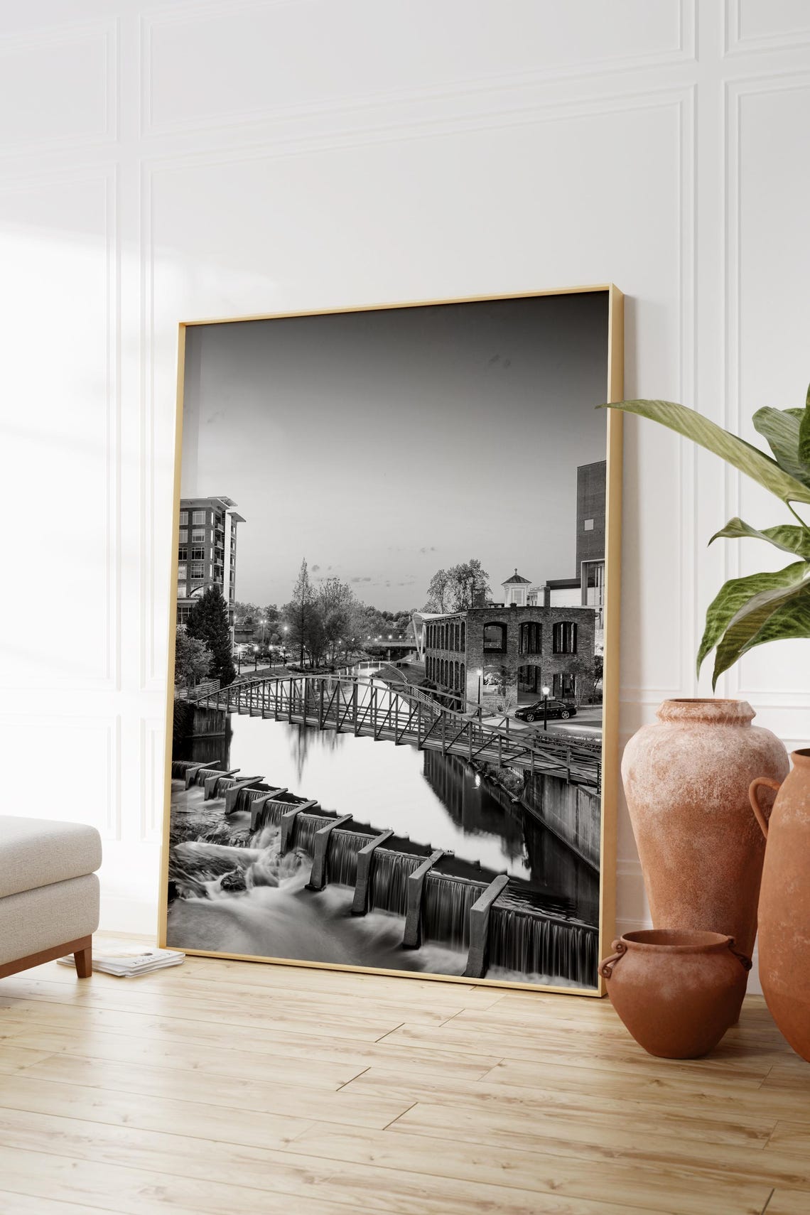 Greenville Riverfront Waterfall Bridge Black White Scenic Poster - Image 2