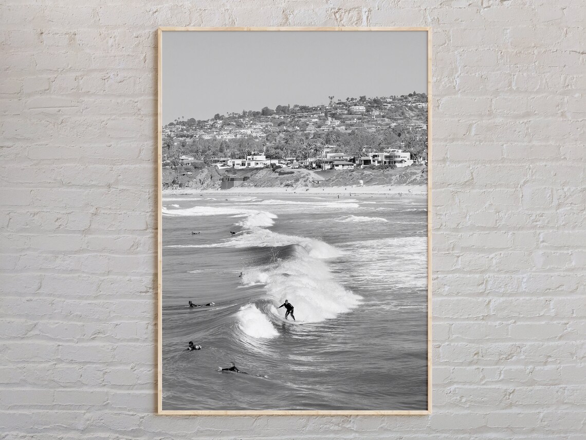 Black And White San Diego Surfers Ocean Beach Waves Photo Print
