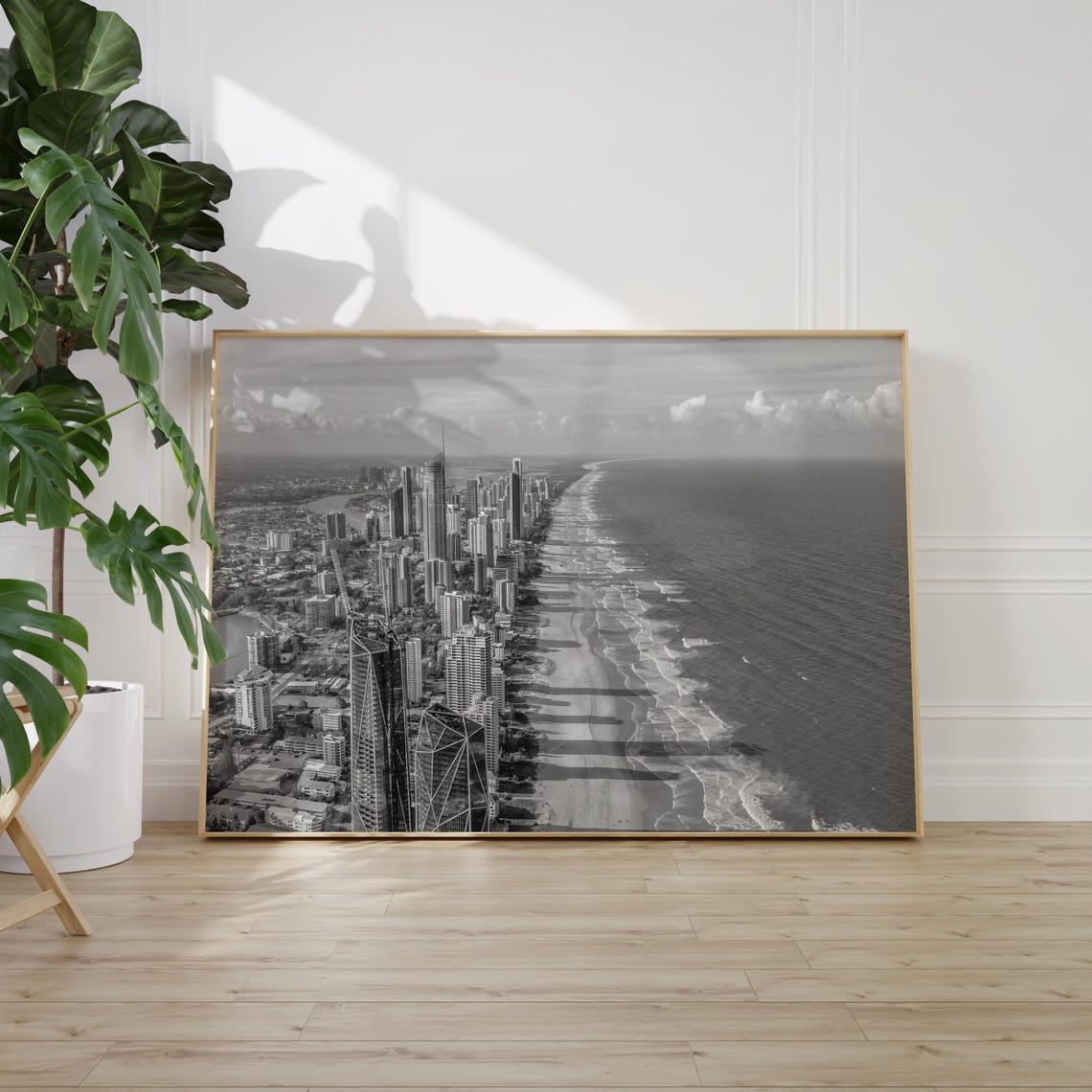 Gold Coast Aerial High Rise Beach Skyline Black and White Poster - Image 2