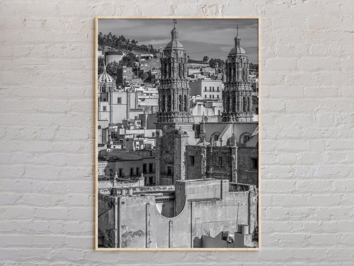 Black And White Zacatecas Cathedral Hillside City Photo Print