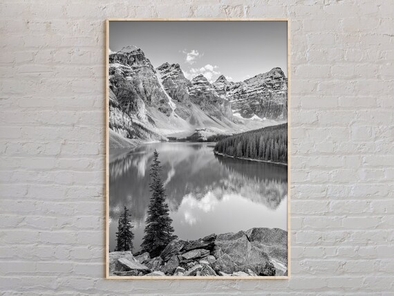 Canada Moraine Lake Rocky Mountains Black and White Photo Poster