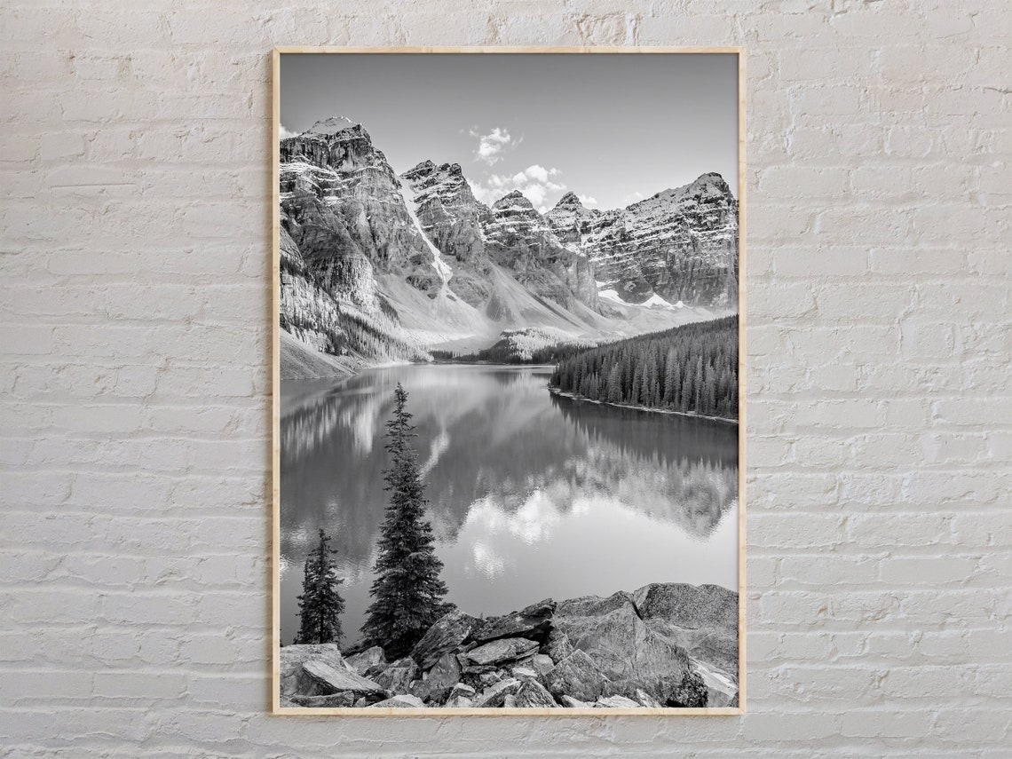 Canada Moraine Lake Rocky Mountains Black and White Photo Poster