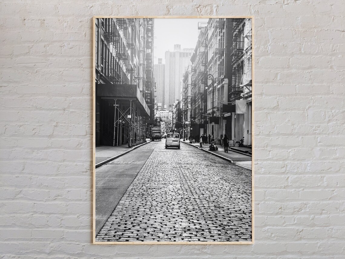 Soho New York Cobblestone Street Black and White Vintage Style Poster