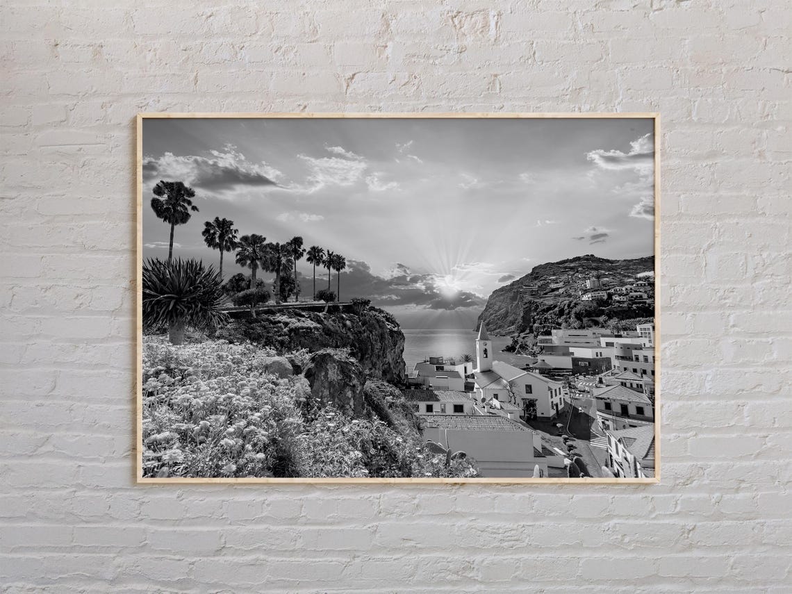 Black And White Portugal Coastal Village Sunset Palm Art Poster