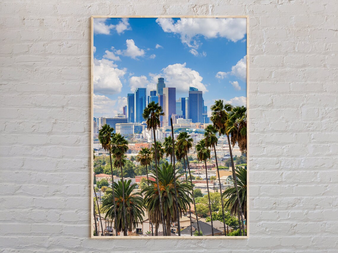 Los Angeles Downtown Skyline Palm Trees Real Photo Travel Wall Art