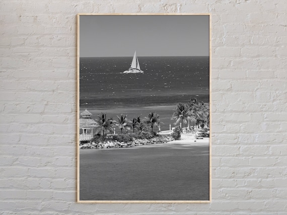 Jamaica Sailboat Palm Beach Black and White Tropical Photo Poster