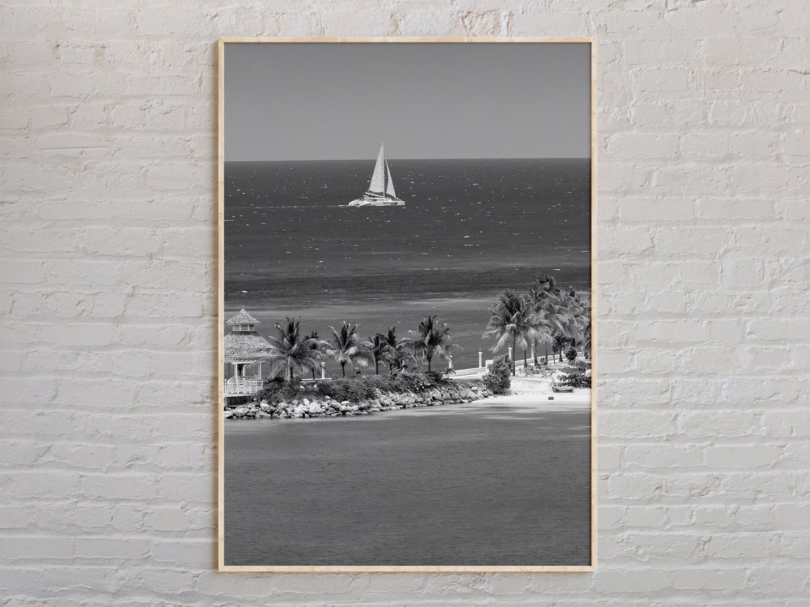 Jamaica Sailboat Palm Beach Black and White Tropical Photo Poster