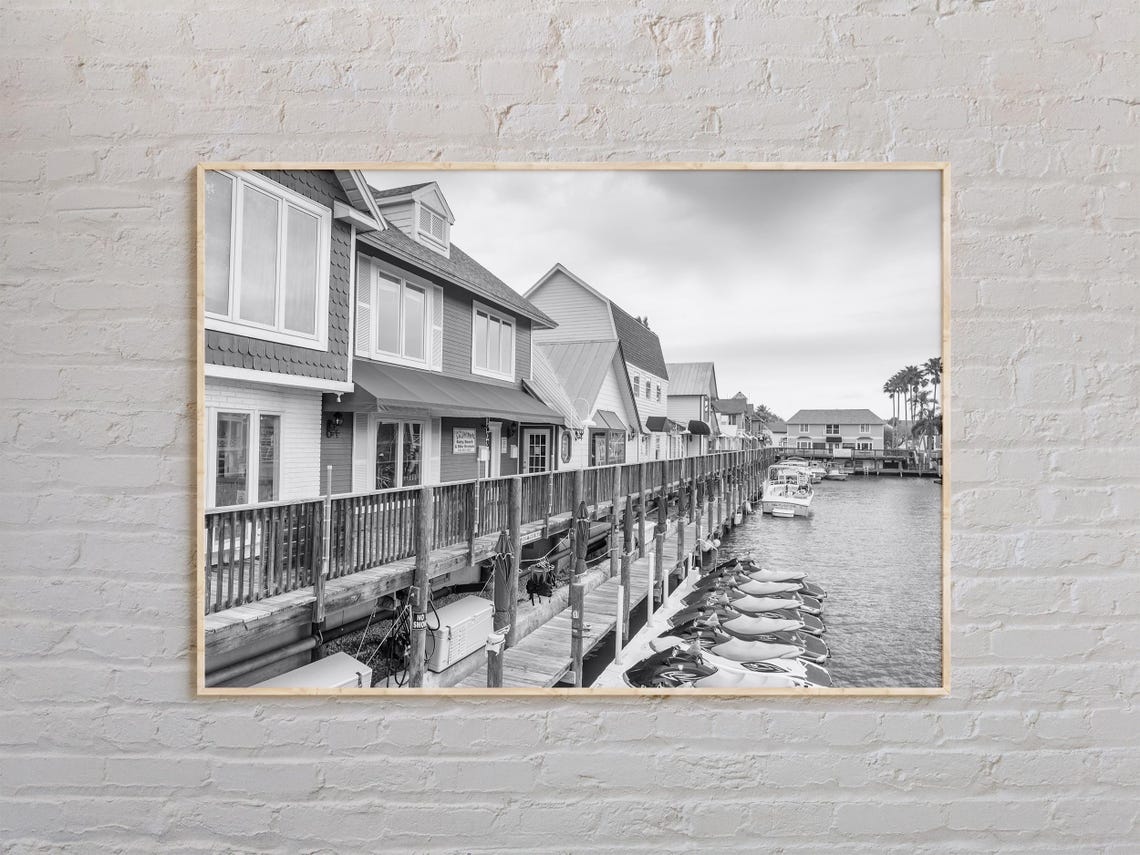 Siesta Key Waterfront Boardwalk and Marina Black and White Poster