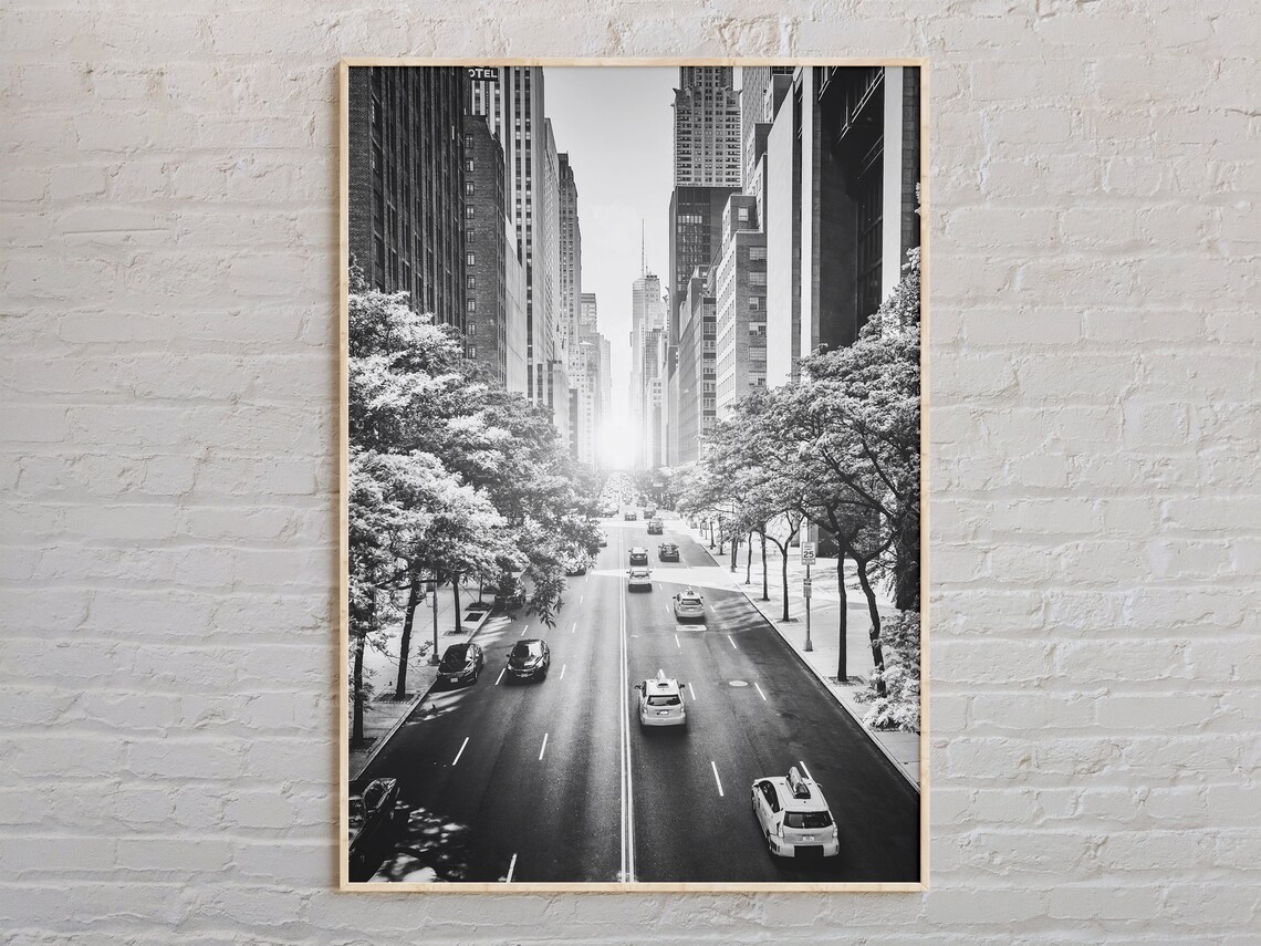 Scenic New York City Manhattan Street Black and White Photo Poster