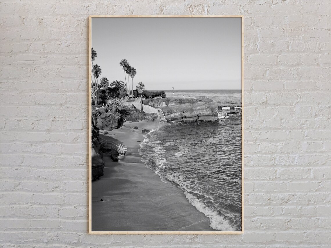 La Jolla Cove Beach Cliffs Black and White California Photo Poster