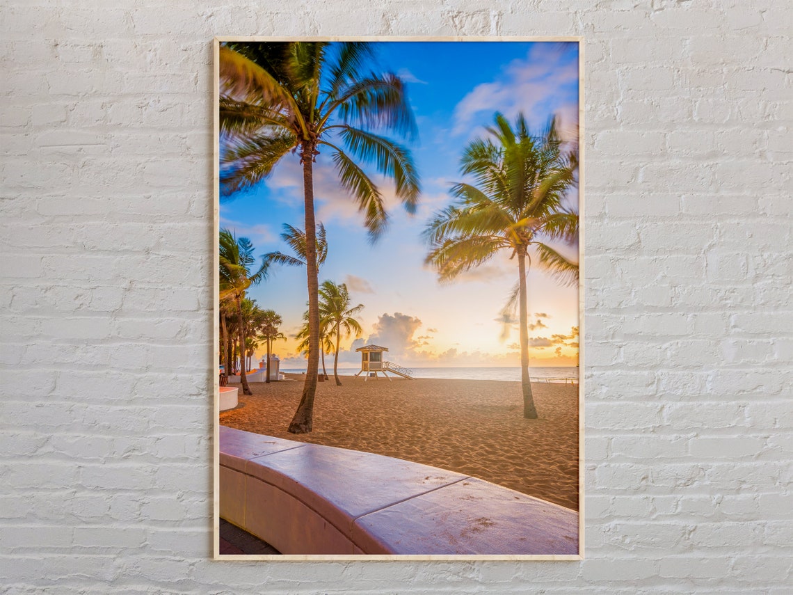 Florida Beach Sunrise Palm Trees Lifeguard Tower Ocean View Poster