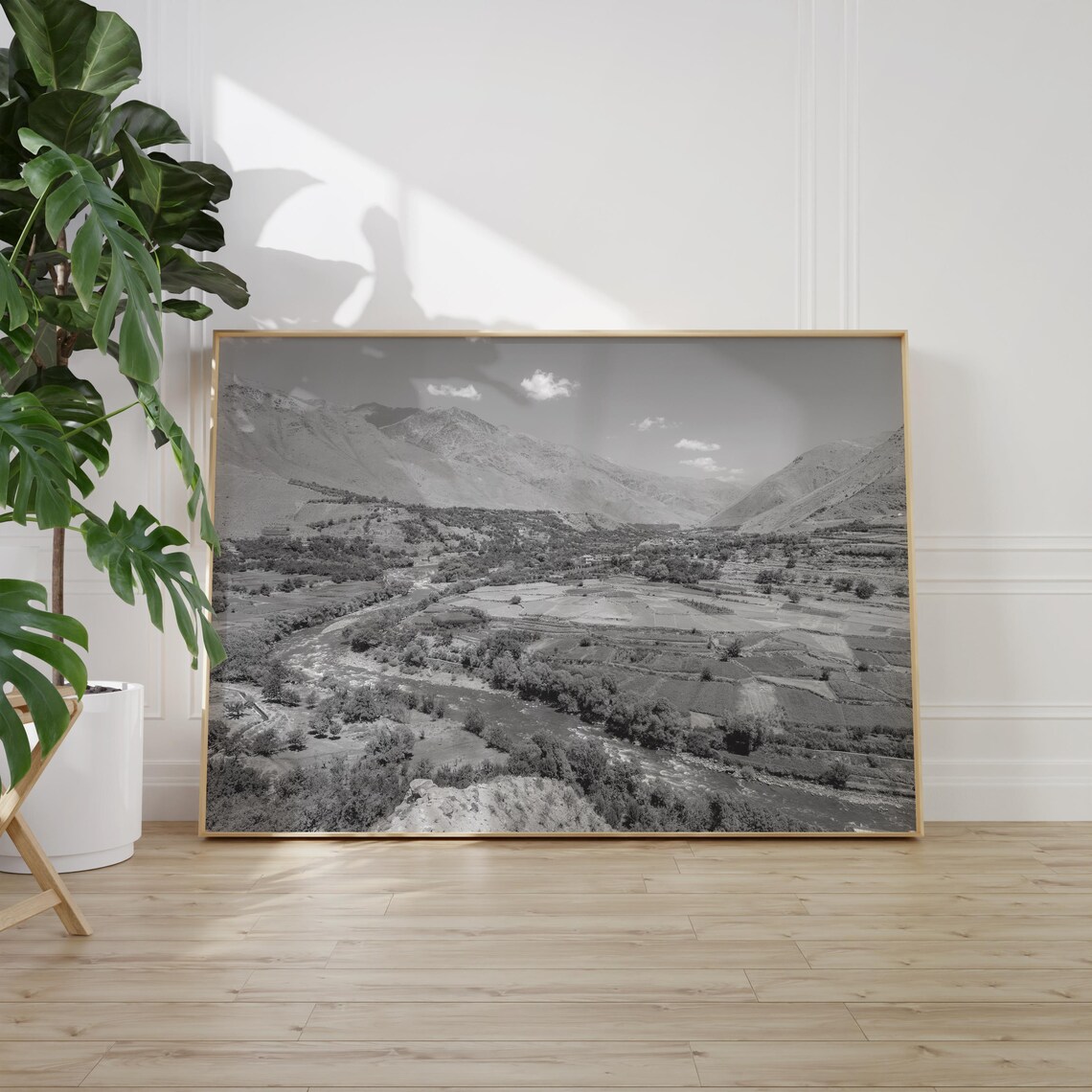 Afghanistan Mountain Valley and River Black and White Landscape Poster - Image 2