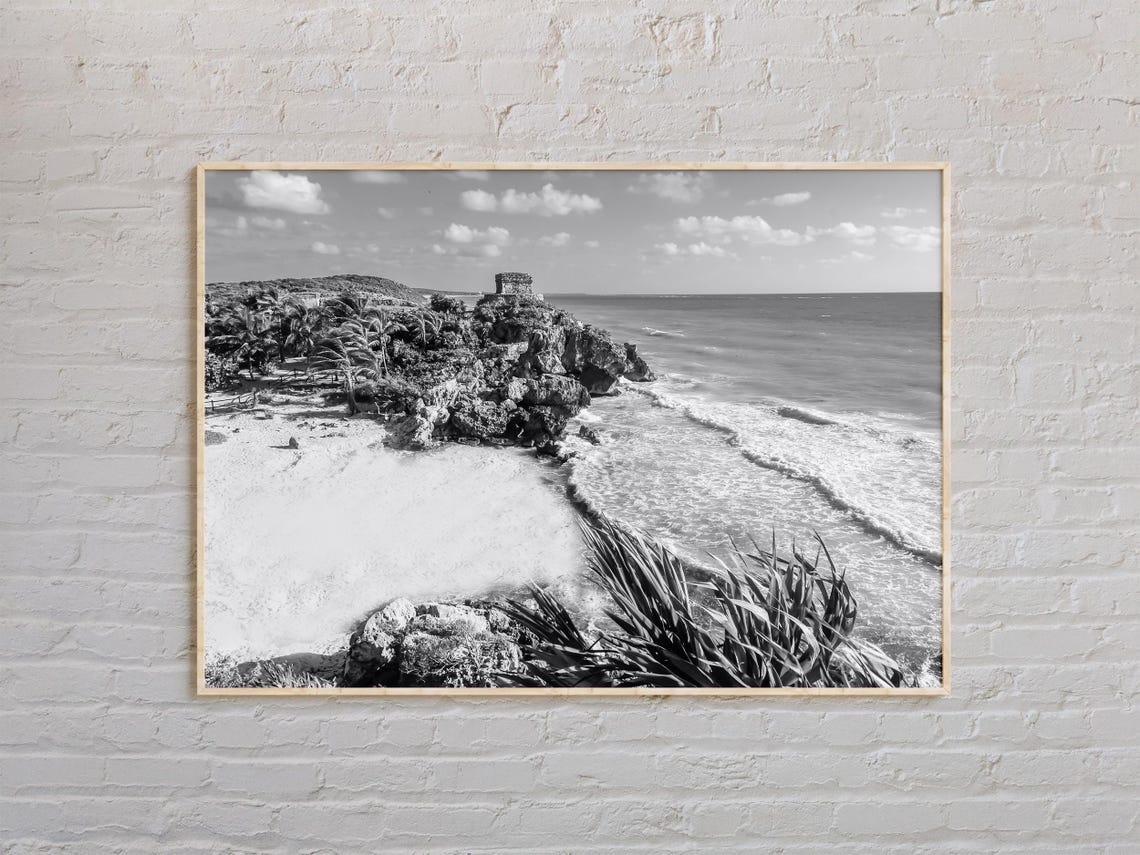 Tulum Mexico Mayan Ruins Cliffside Beach Black And White Ocean Poster