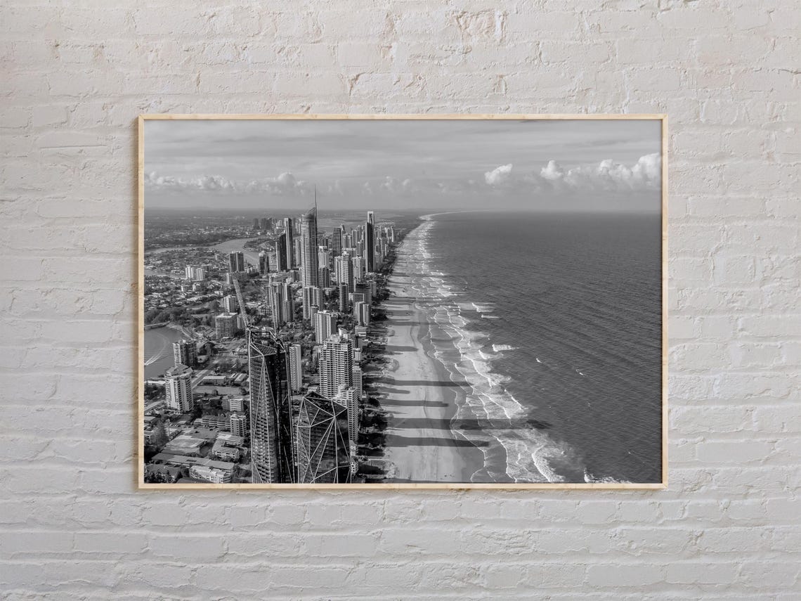 Gold Coast Aerial High Rise Beach Skyline Black and White Poster