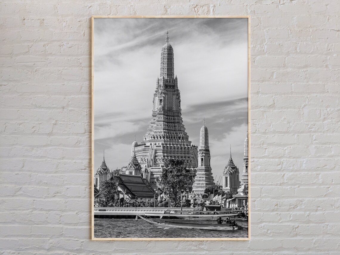 Black And White Wat Arun Bangkok Riverside Temple Photo Poster