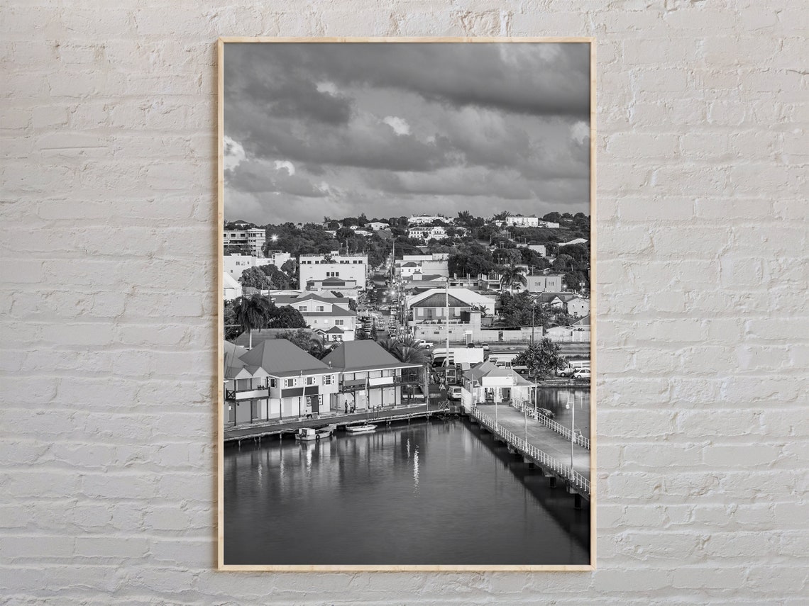 Black And White Caribbean Harbor Town Waterfront Photo Poster