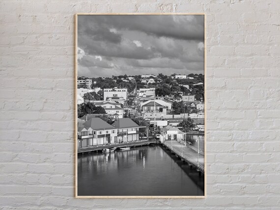 Black And White Caribbean Harbor Town Waterfront Photo Poster