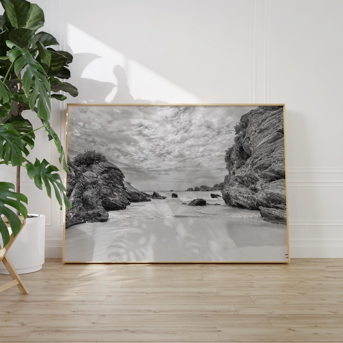 Bermuda Rocky Cove and Dramatic Cloudy Sky Black and White Poster - Image 2