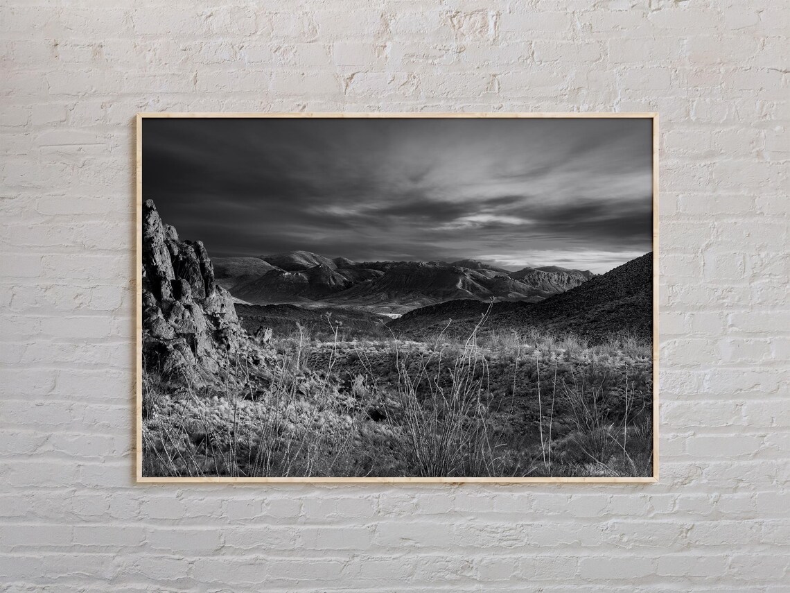 Big Bend Desert Mountains and Stormy Clouds Black White Landscape Poster