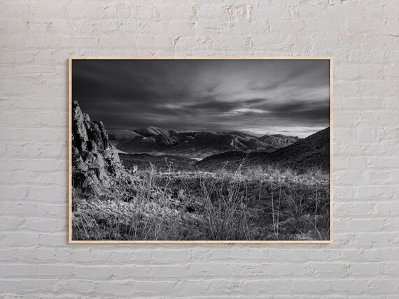 Big Bend Desert Mountains and Stormy Clouds Black White Landscape Poster