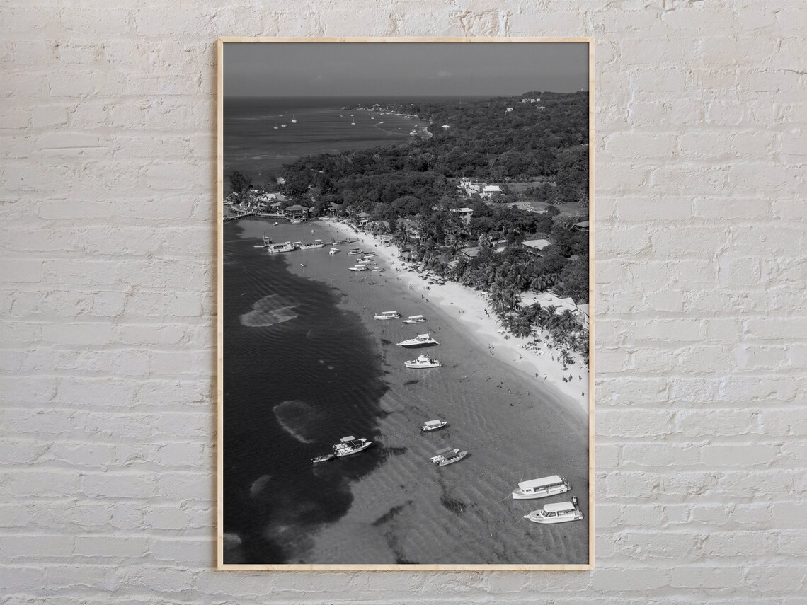 Caribbean Beach Boats Aerial Black And White Travel Photo Poster