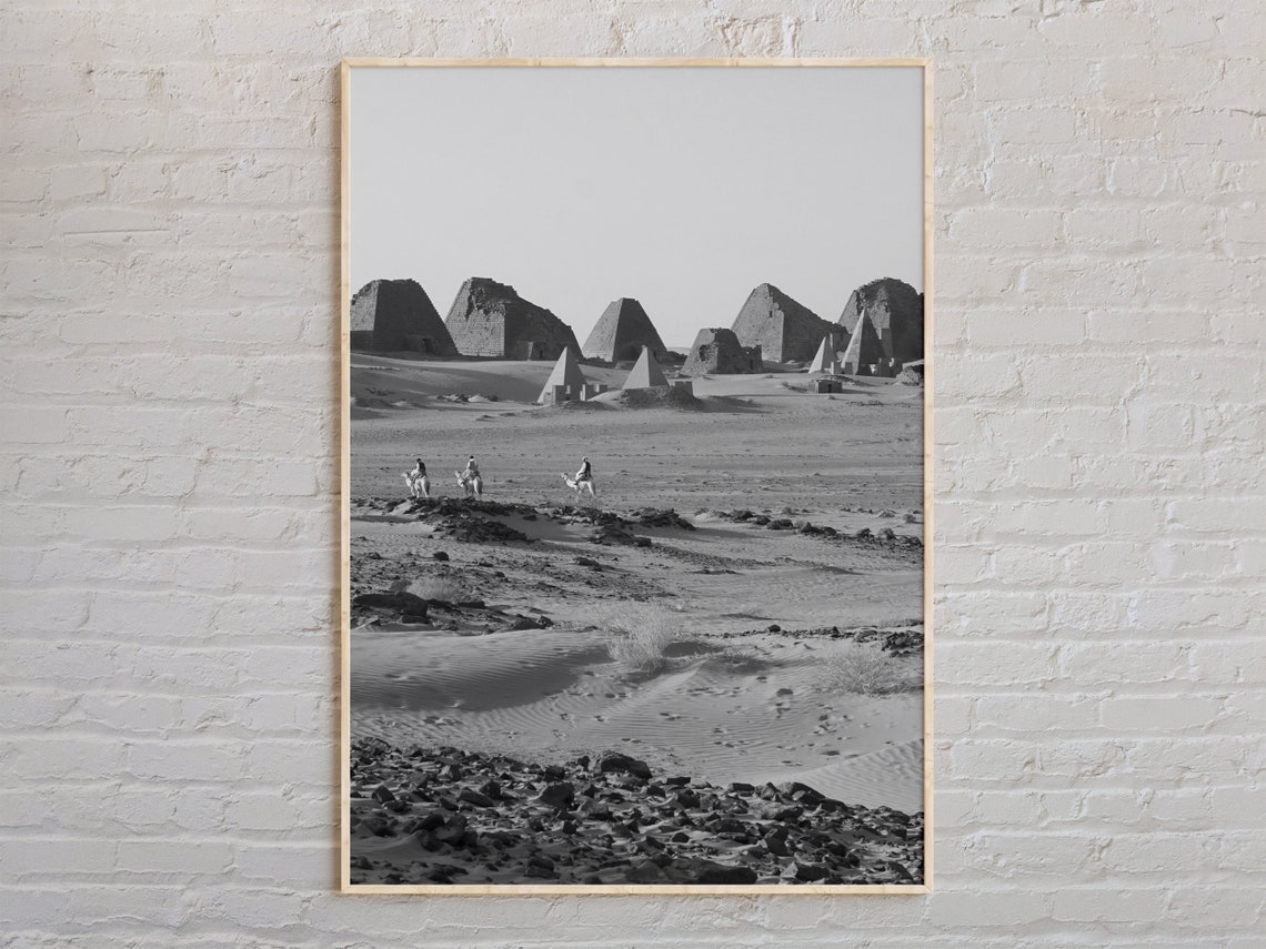 Black And White Sudan Desert Pyramids Camel Riders Photo Poster