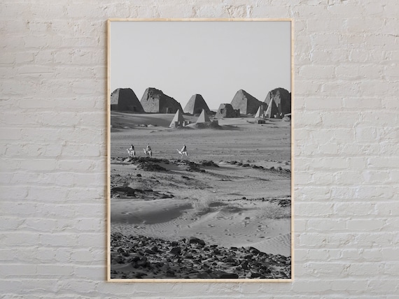 Black And White Sudan Desert Pyramids Camel Riders Photo Poster