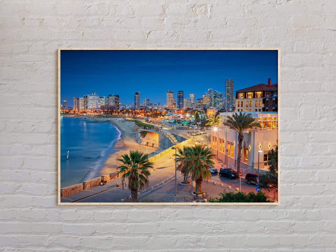 Tel Aviv Beach Promenade Night Skyline Israel Coast Landscape Poster