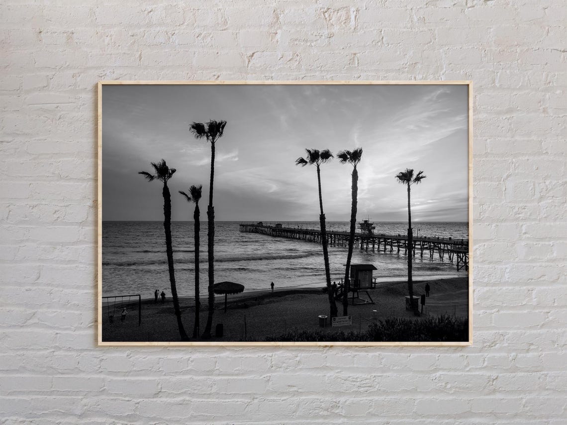 Black and White San Clemente Beach Pier Palm Trees Sunset Poster