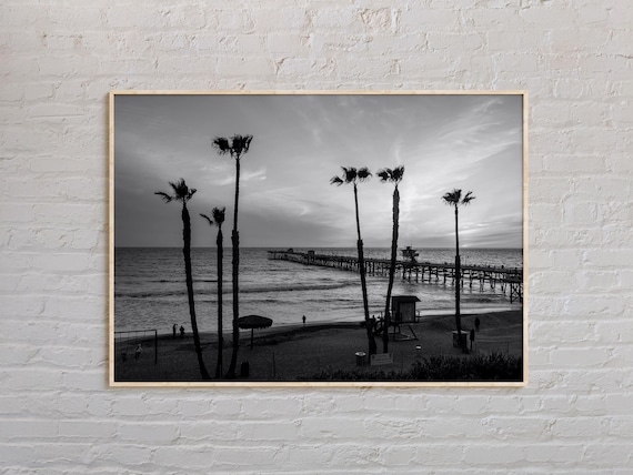 Black and White San Clemente Beach Pier Palm Trees Sunset Poster
