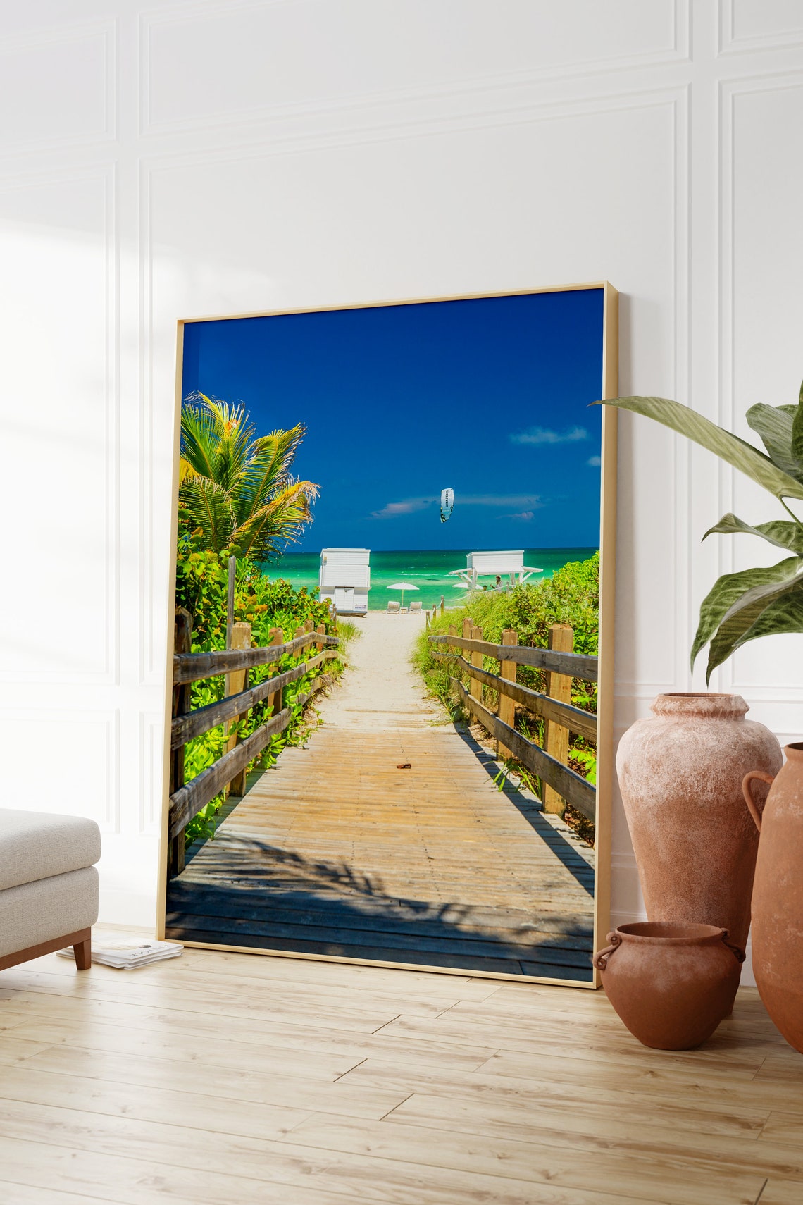 Florida Beach Boardwalk Path to Turquoise Ocean and Palm Poster - Image 2