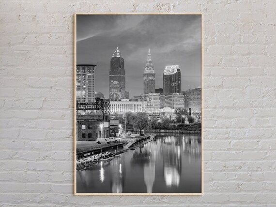Cleveland Ohio Downtown Skyline Night River Reflection Photo Poster