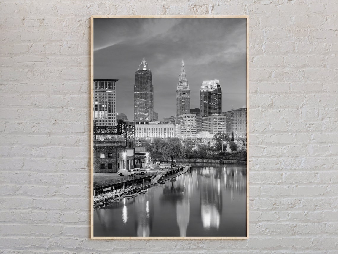 Cleveland Ohio Downtown Skyline Night River Reflection Photo Poster