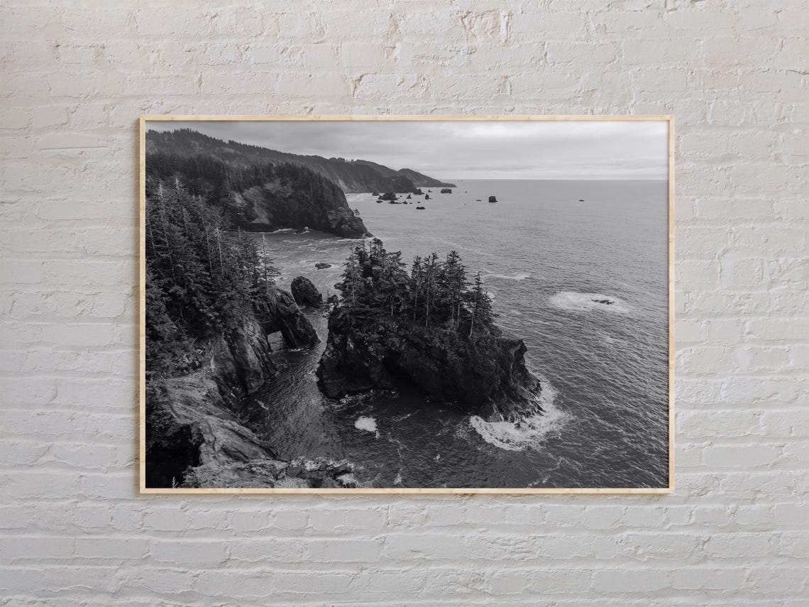 Oregon Coast Sea Stacks Black and White Forested Cliffs Poster