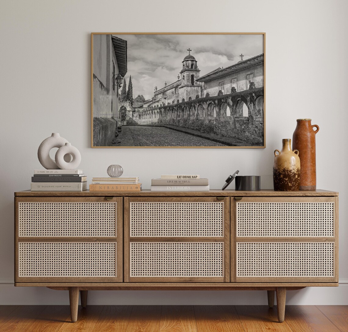 Michoacan Colonial Stone Church Street Black and White Mexico Poster - Image 4
