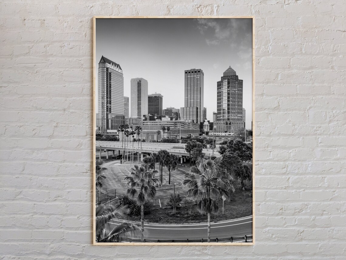Black And White Tampa Florida Downtown Skyline Palm Trees Photo Poster