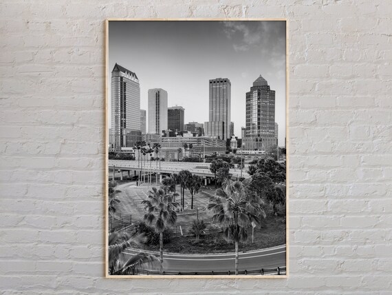 Black And White Tampa Florida Downtown Skyline Palm Trees Photo Poster