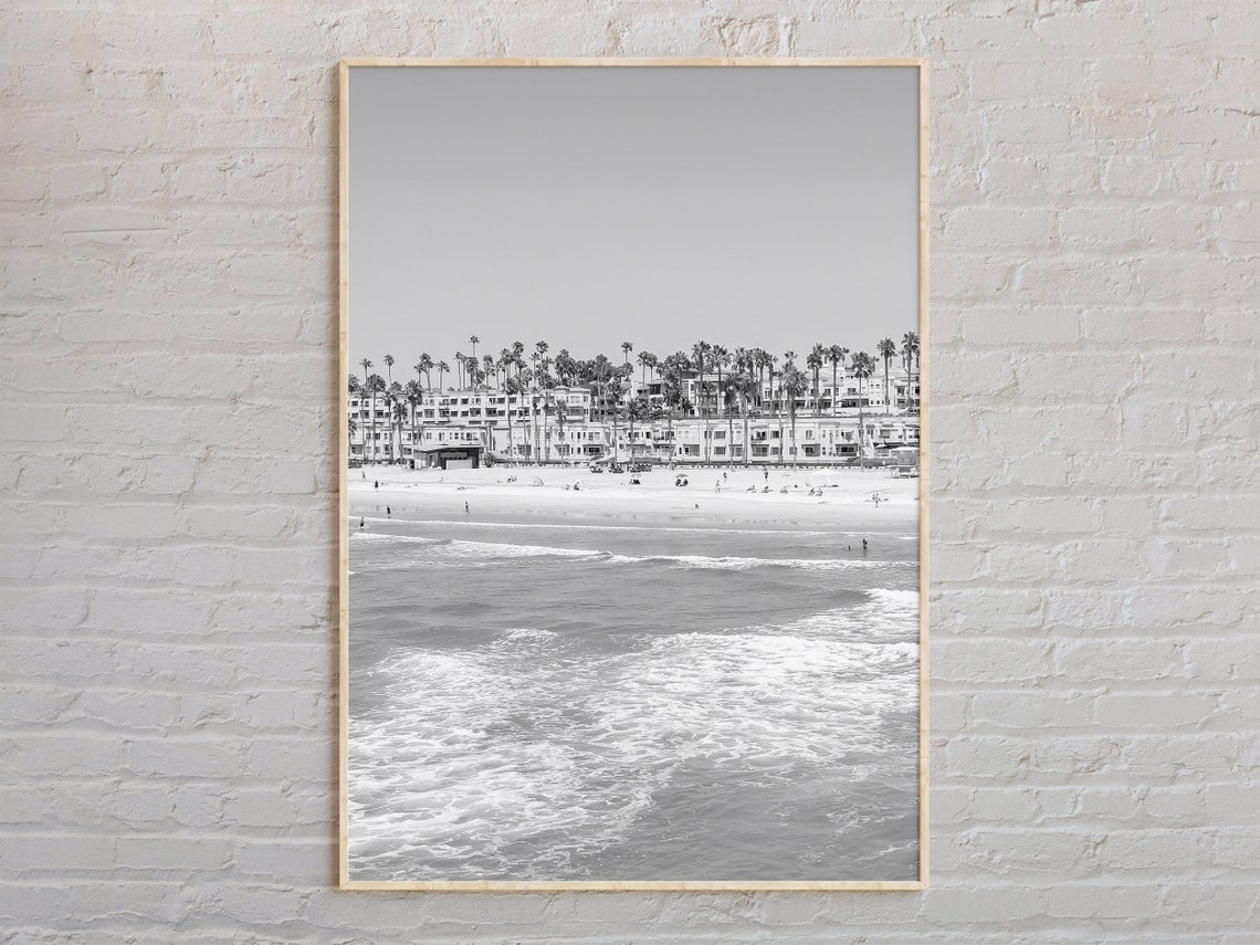 Oceanside California Surf Black and White Palm Beachfront Poster