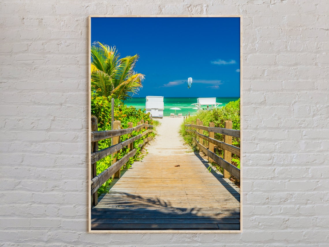 Florida Beach Boardwalk Path to Turquoise Ocean and Palm Poster