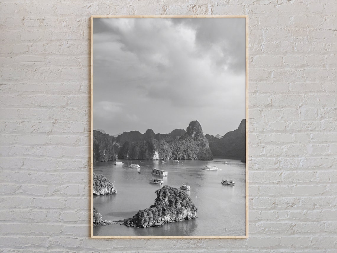 Black And White Ha Long Bay Vietnam Karst Islands Boats Photo Poster