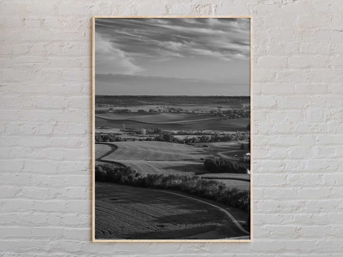 Black And White Wisconsin Rolling Farmland Countryside Photo Print