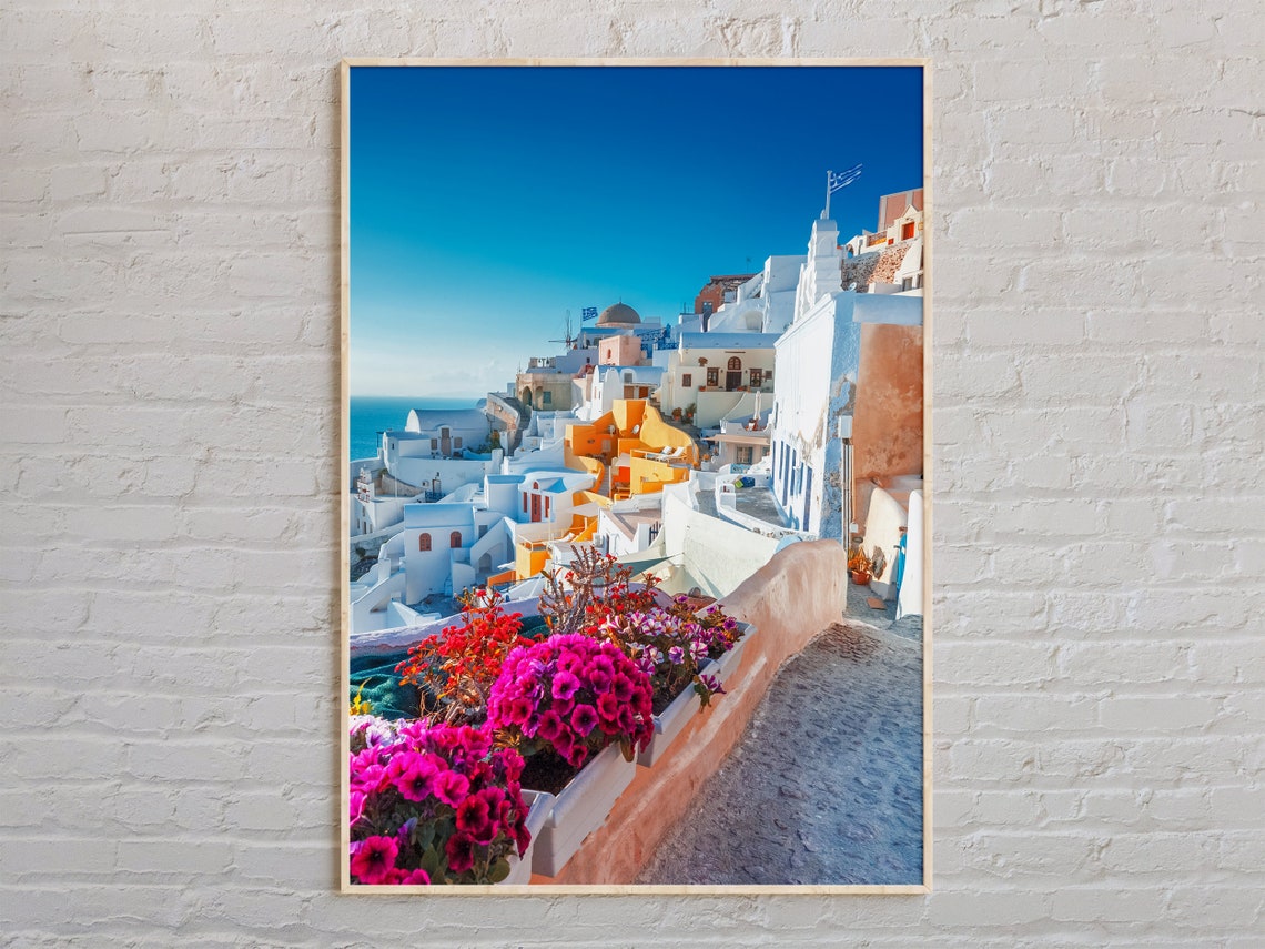 Santorini Oia Whitewashed Alley with Pink Bougainvillea Poster