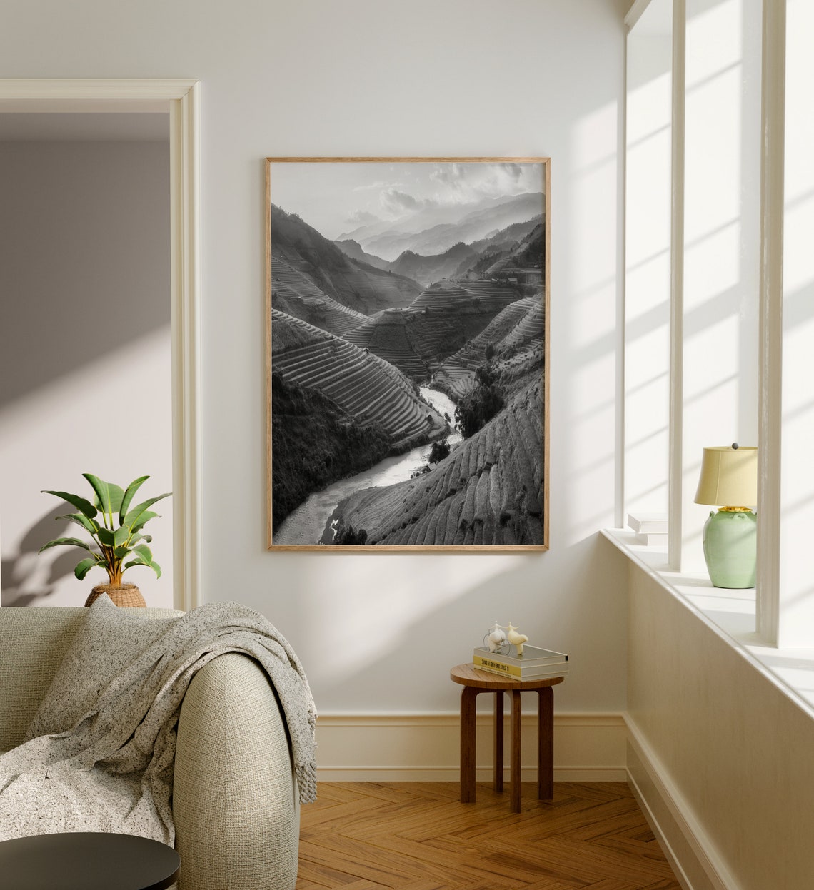 Terraced Rice Fields Misty Mountains Black and White Photo Poster - Image 4
