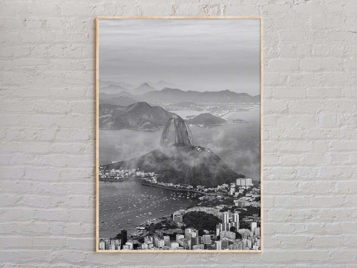 Rio de Janeiro Sugarloaf Mountain Aerial Black and White Photo Poster