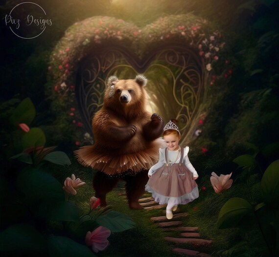 Bear Dancing With Little Girl In Magical Forest Heart Gate Backdrop